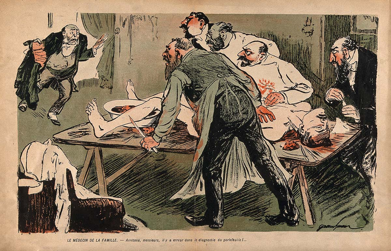 A physician rushes into an operating theatre, exclaiming that there has been an error in diagnosis; unfortunately, the patient is already lying there, opened up. Colour photomechanical reproduction of a lithograph, c. 1900.